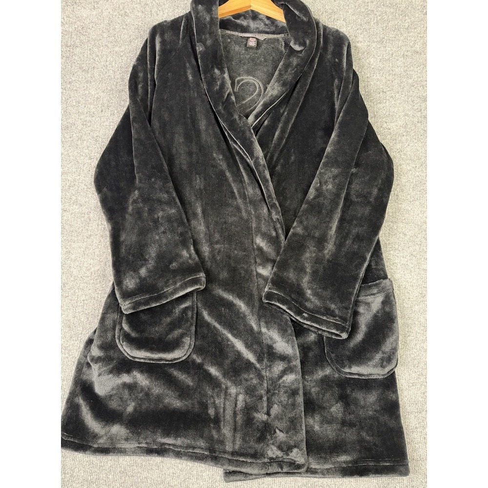 Victoria's Secret Black Plush Fleece Embroidered Logo Robe M/L Missing Tie‎ Belt